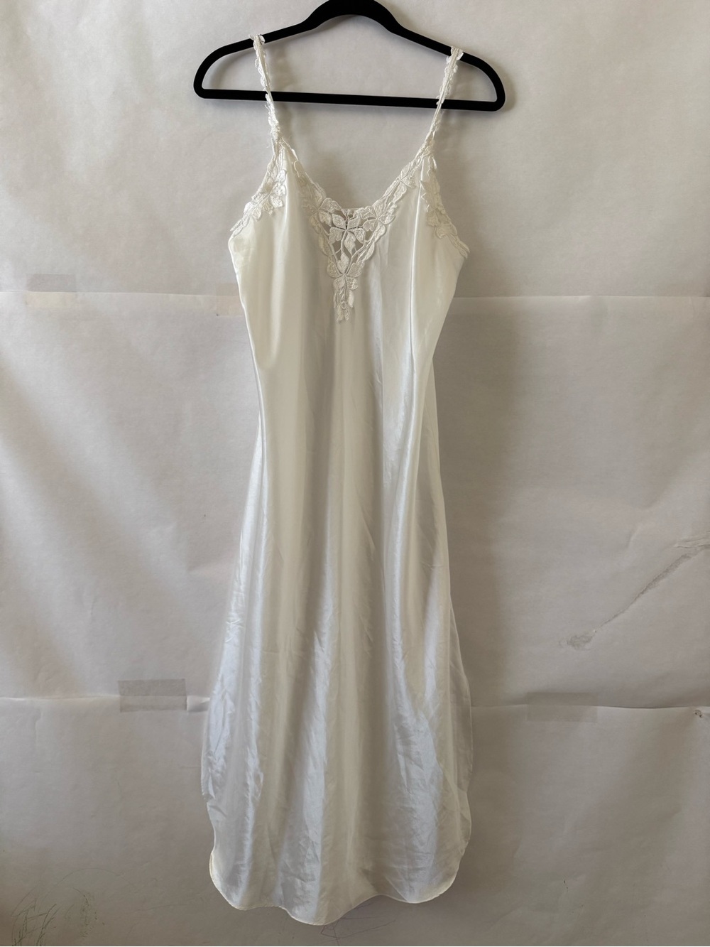 Vintage Dentelle White Satin Slip Dress Size M Midi Lace Trim Nightgown Bridal